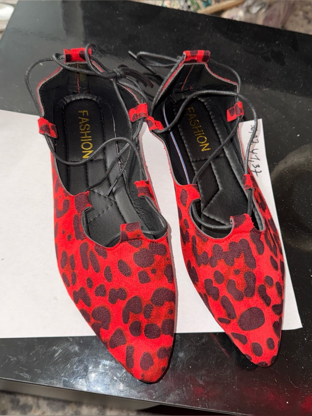 Fashion Red Leopard Print Pointed Toe Lace-Up Flats